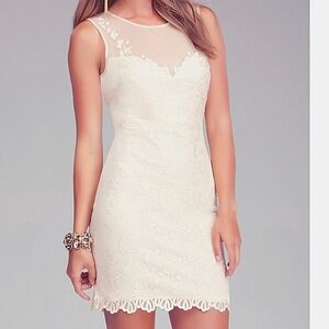Cream Bebe Lace Embroidered Sheer Back Cocktail Dress